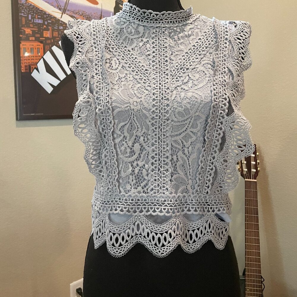 Lucy Paris Light Blue Lace High-Neck Sleeveless Top
